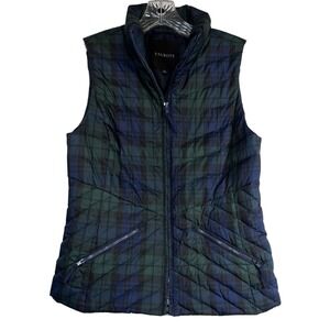 Talbots Sz XS Plaid Down Puffer Vest Green Dark Blue Navy Tartan Preppy